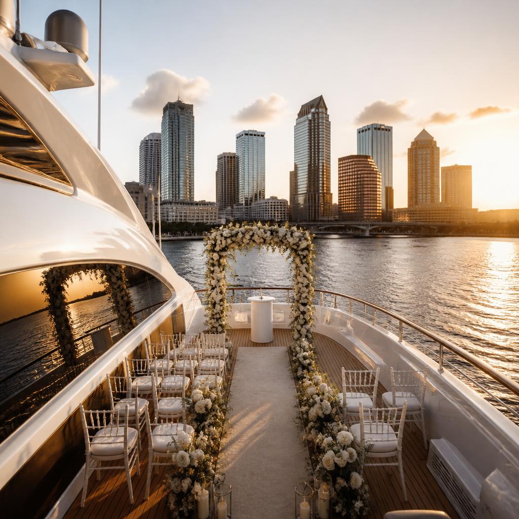 Wedding ceremony setup on a yacht with downtown Tampa in the background
