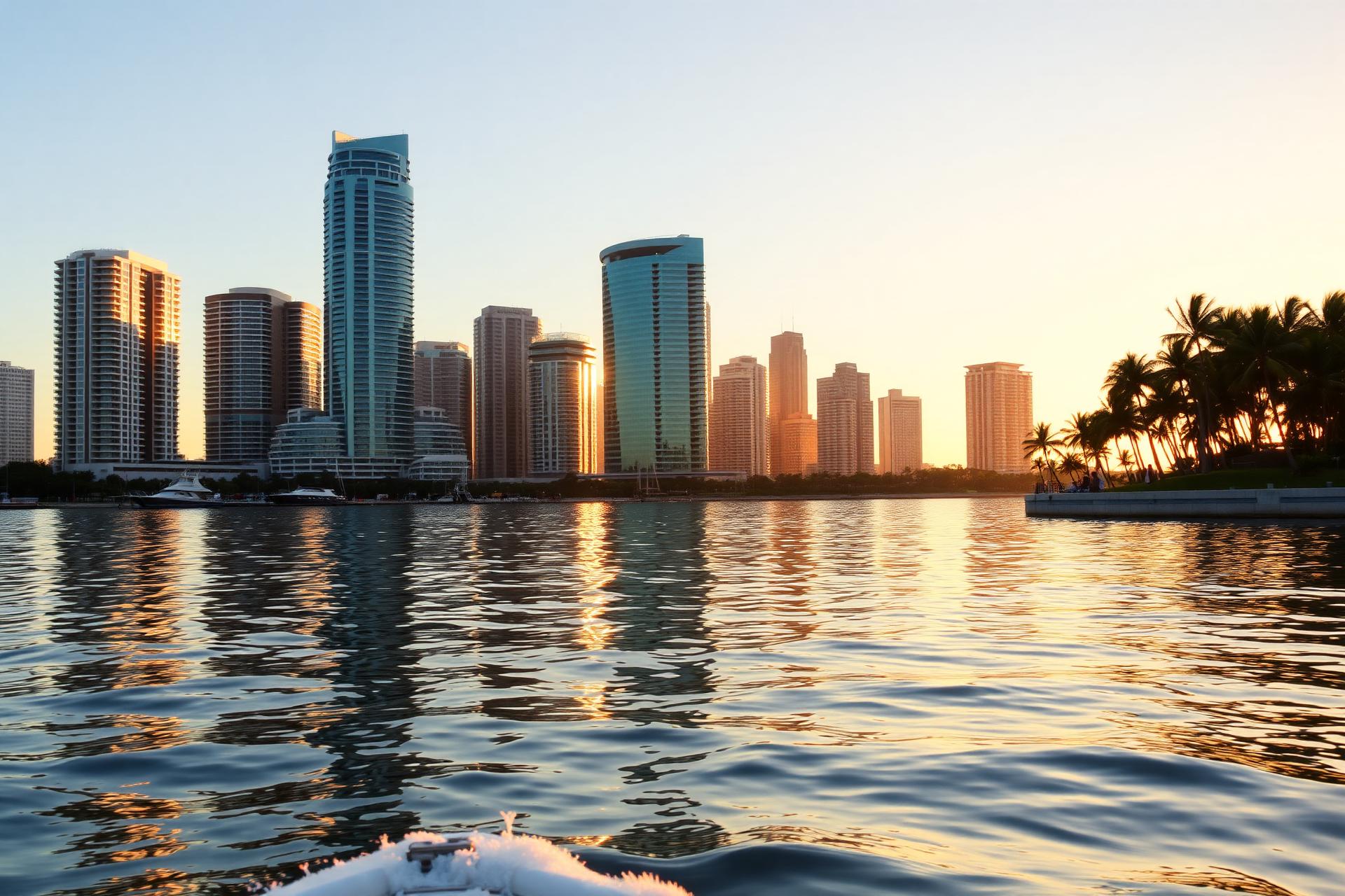 Tampa Bay downtown skyline viewed from the water at golden hour